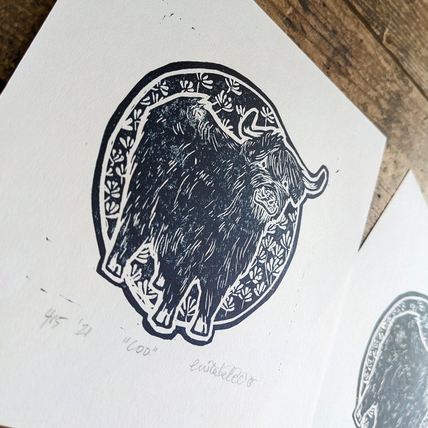 "Coo" Cow Original Handmade Linocut Print