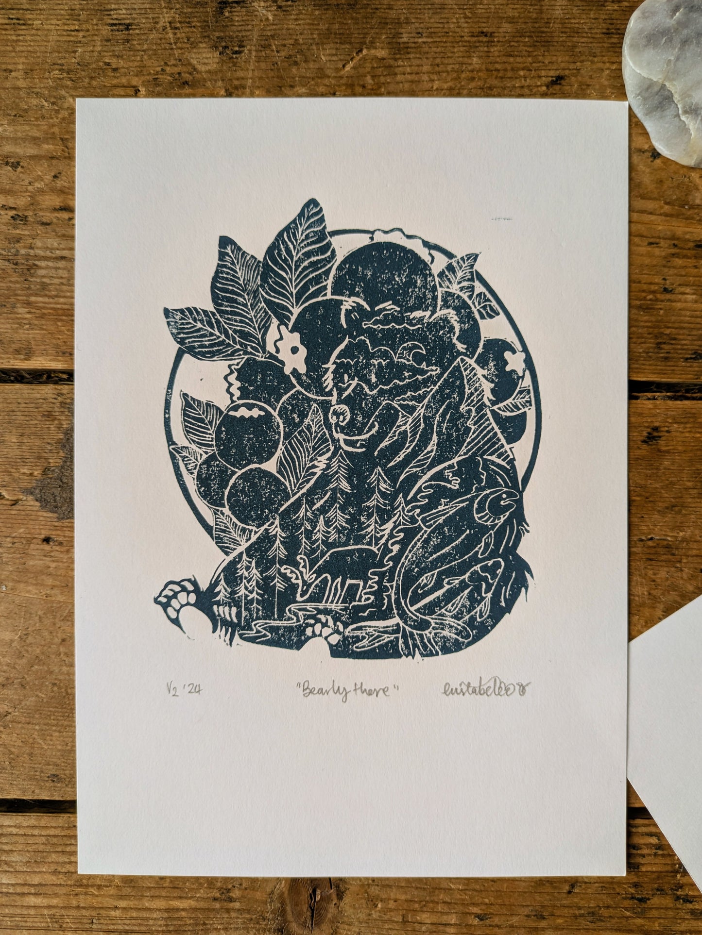 "Bearly there" Bear Original Handmade Linocut Print
