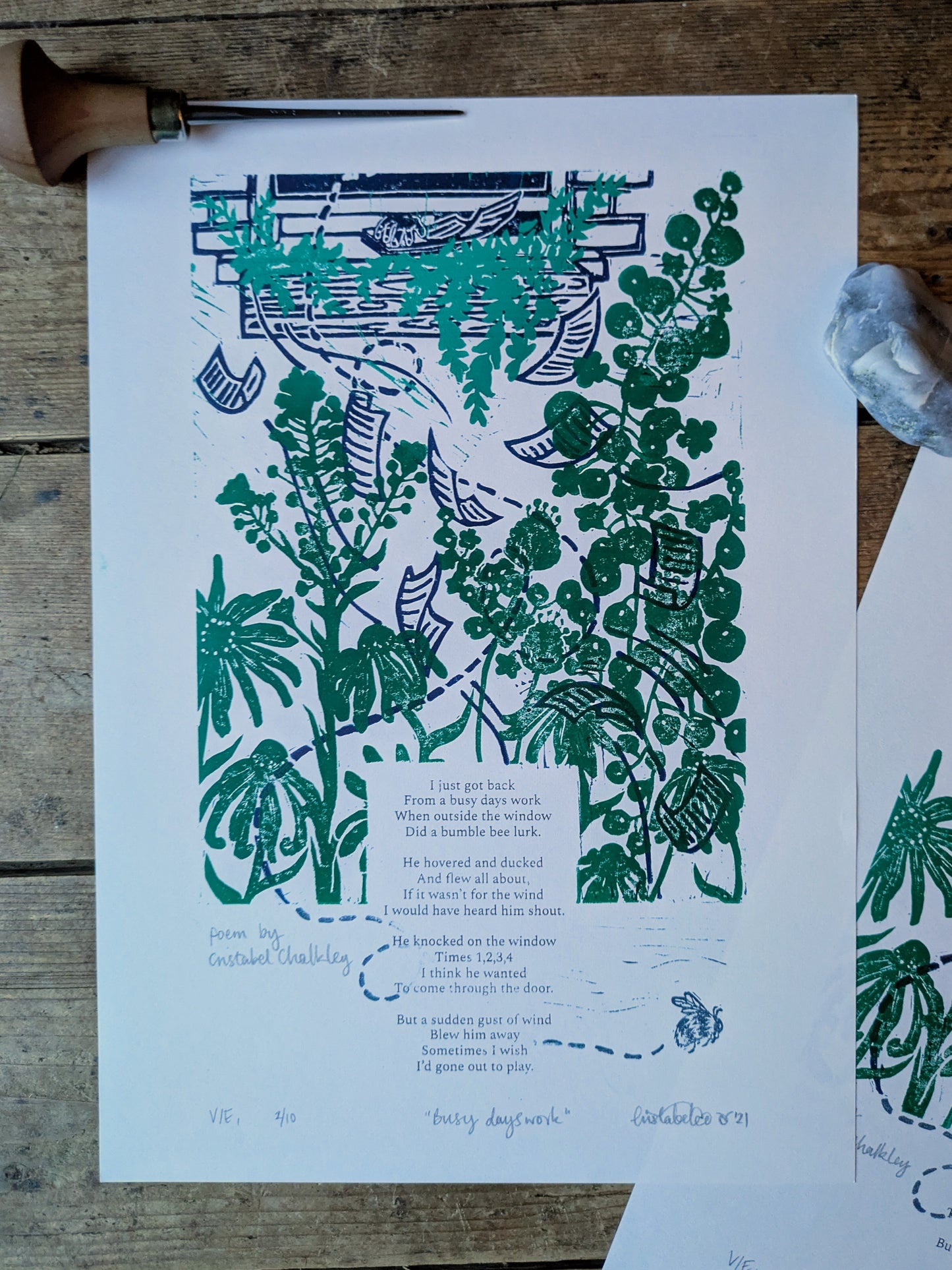 "Busy Days work" Original Handmade Linocut Print