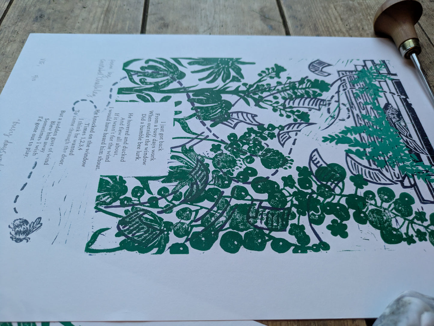 "Busy Days work" Original Handmade Linocut Print