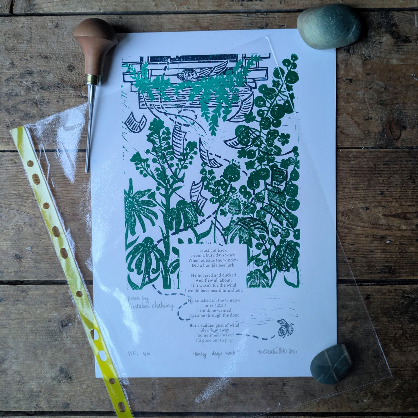 "Busy Days work" Original Handmade Linocut Print
