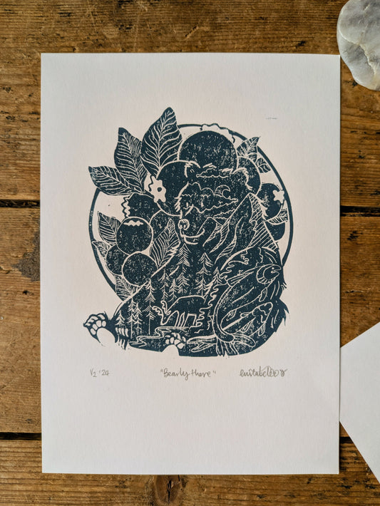 "Bearly there" Bear Original Handmade Linocut Print