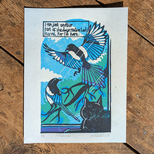 A5 Reduction Relief Print "Magpies"