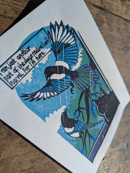 A5 Reduction Relief Print "Magpies"