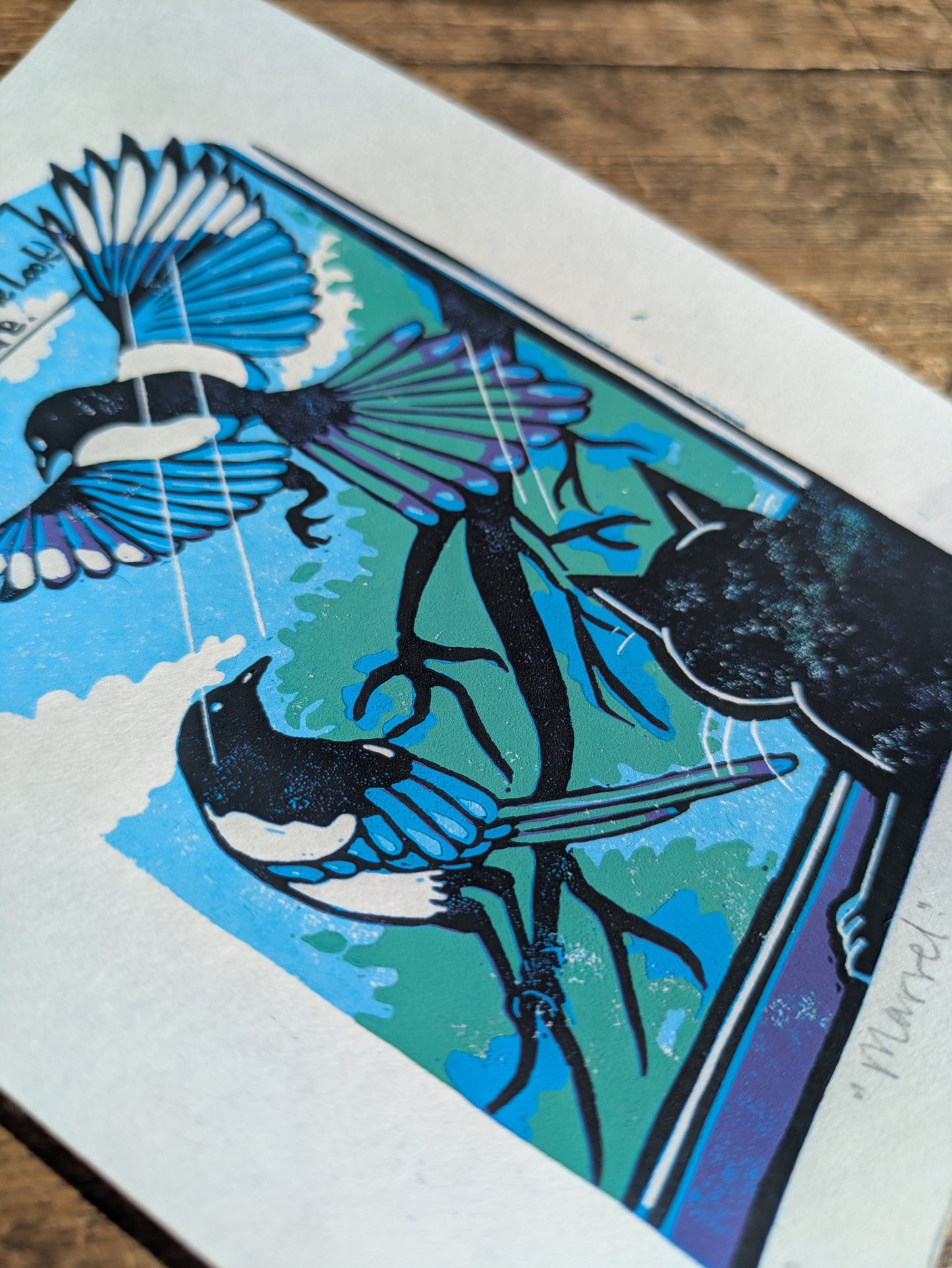 A5 Reduction Relief Print "Magpies"