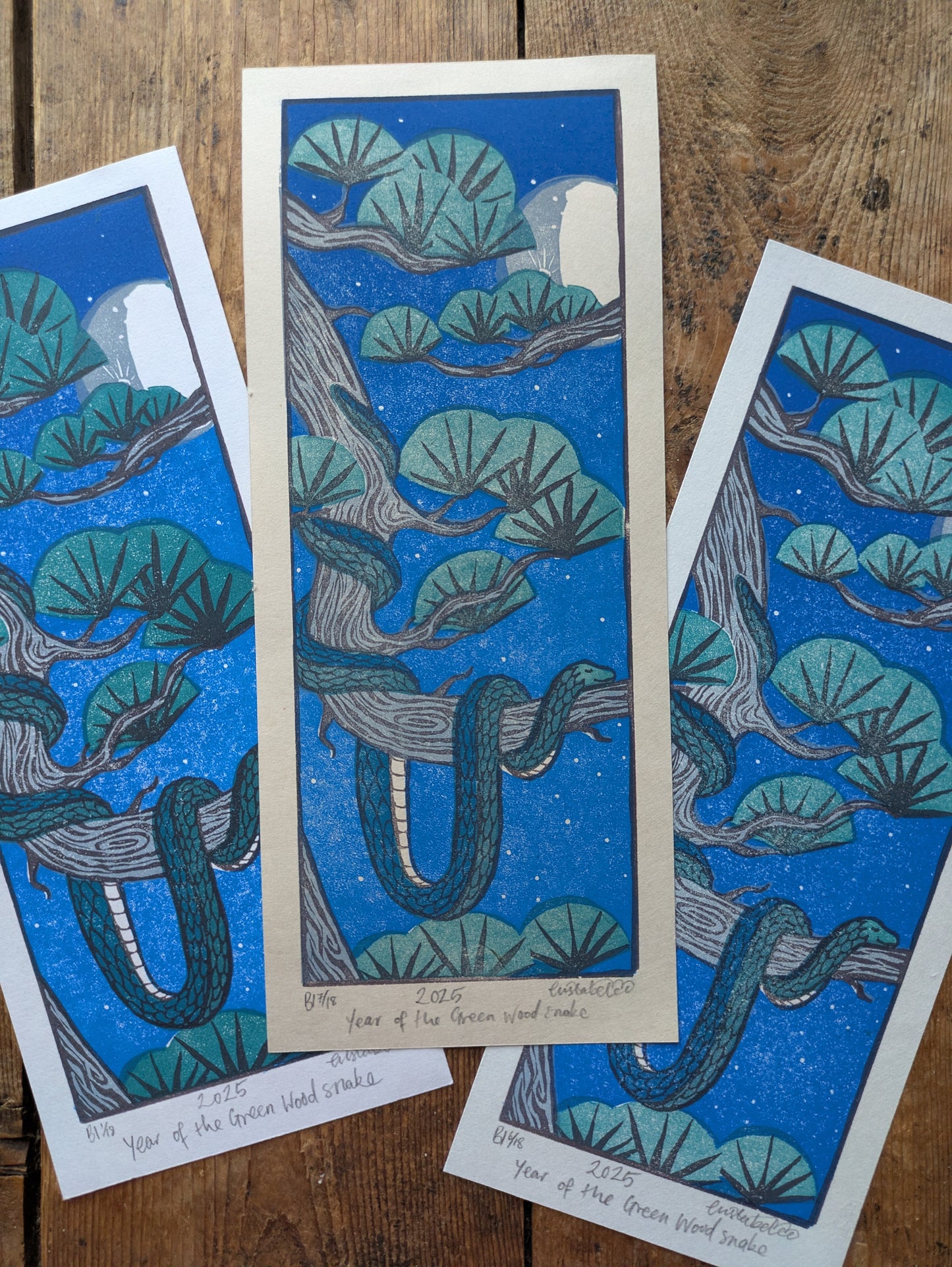 Green Wood Snake Multiblock Lino Print