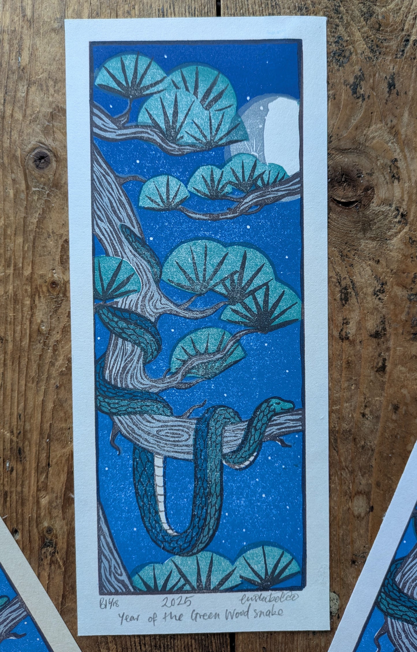 Green Wood Snake Multiblock Lino Print