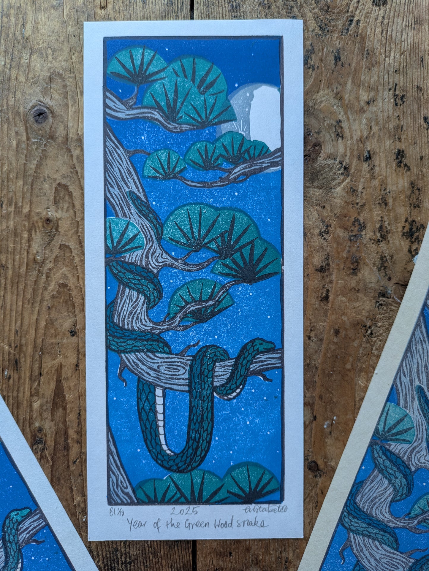 Green Wood Snake Multiblock Lino Print