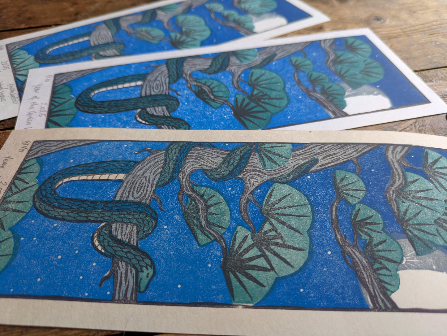 Green Wood Snake Multiblock Lino Print