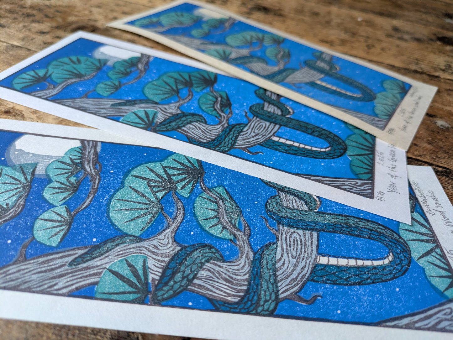 Green Wood Snake Multiblock Lino Print